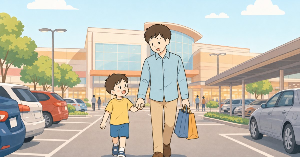 モール駐車場で子どもと手をつないで歩く様子のイメージ