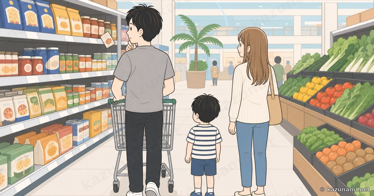 ショッピングモールのスーパーの通路、カートを押しながら値札を見比べている後ろ姿
