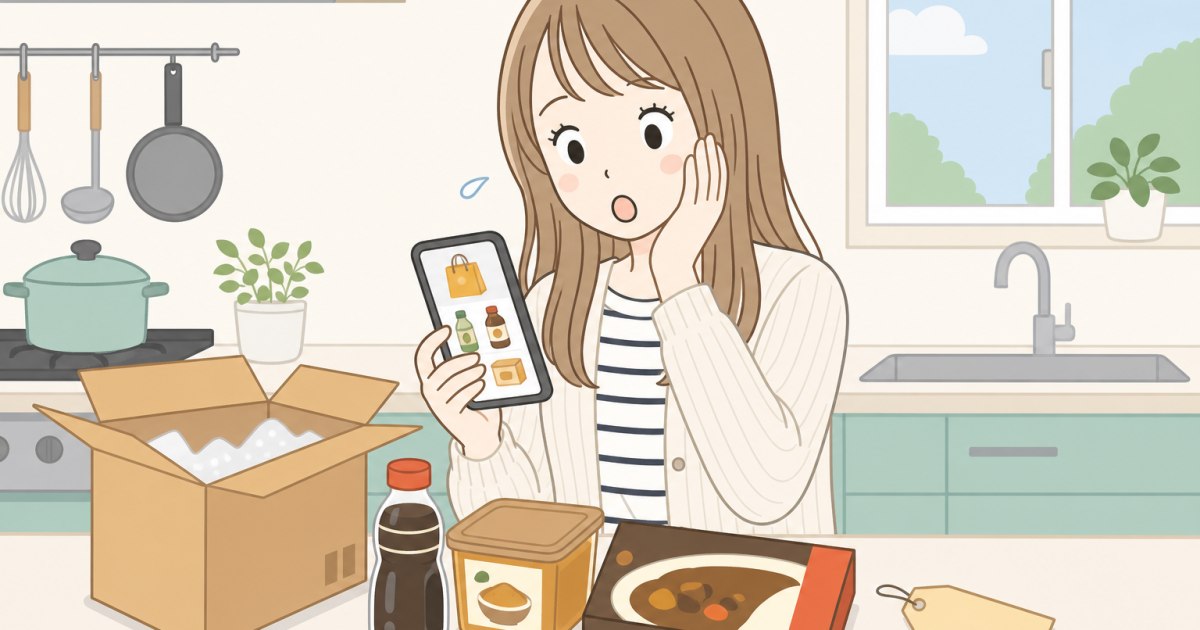 オンラインで日本の調味料の値段を見て驚くなみのイラスト