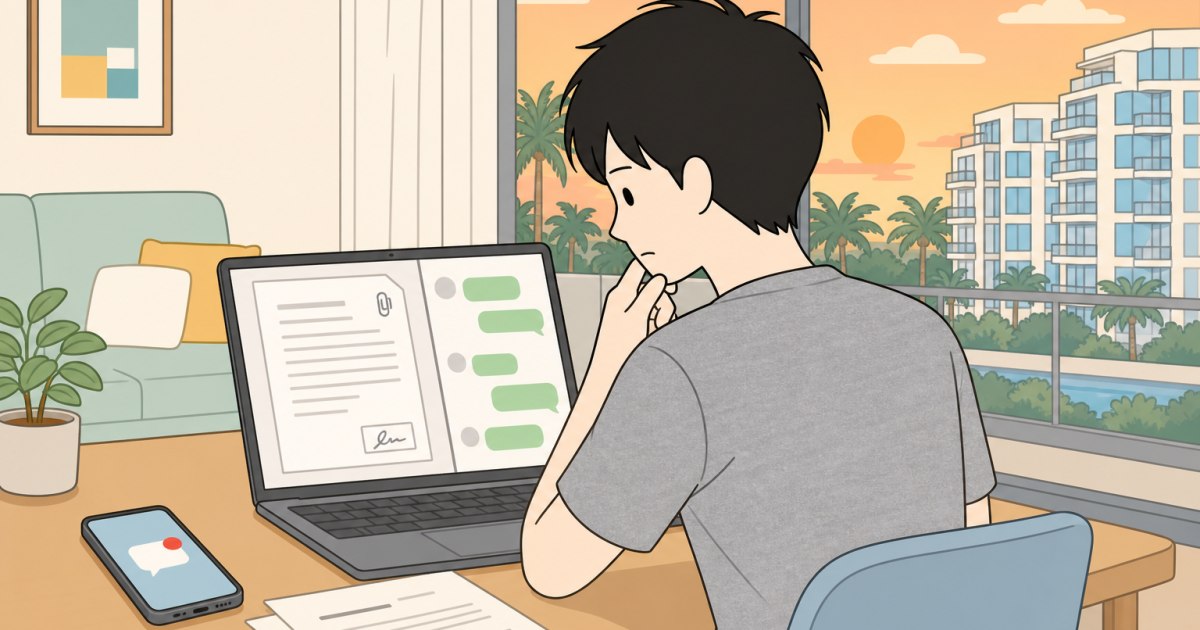 ノートPCに届いたPDFの契約書とエージェントとのチャットを見て考え込むイラスト