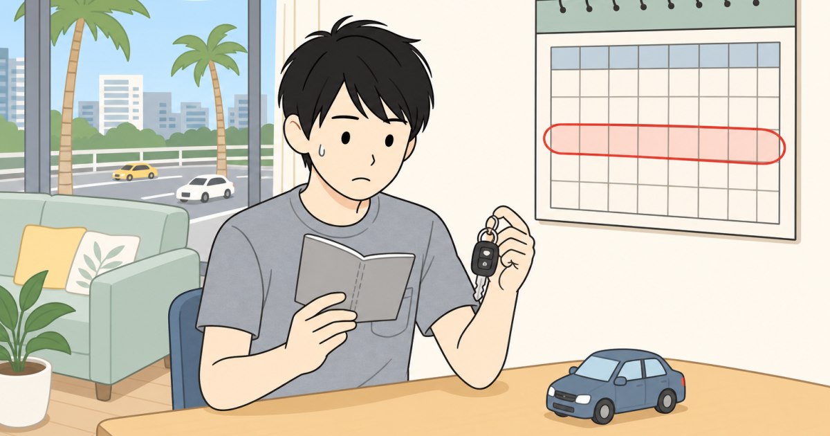 国際運転免許証の有効期間の制限を前に考え込む様子のイラスト