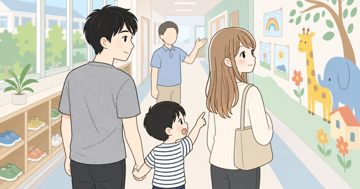 清潔で明るい学校の廊下を見学する親子のイラスト